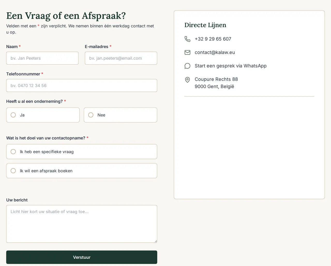 Het contactformulier op kalaw.eu, gebouwd door VBS voor K&A Law
