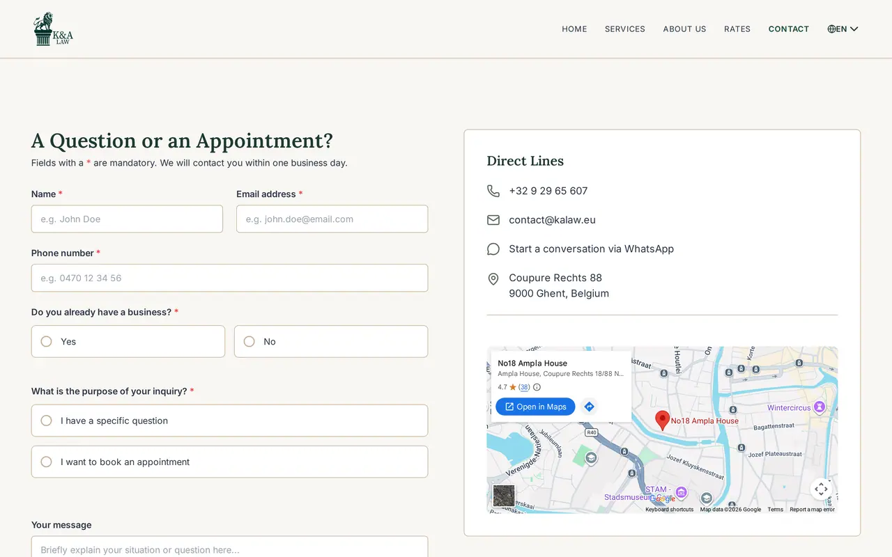 The English contact form on kalaw.eu, built by VBS for K&A Law, asking whether you already run a business