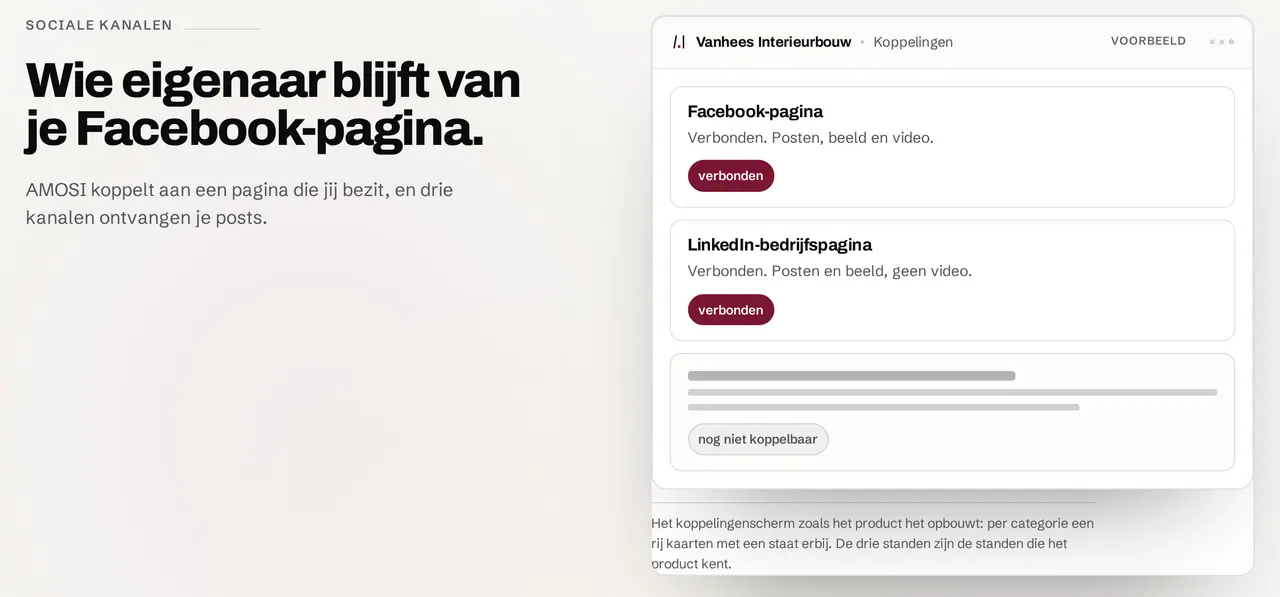 Het koppelingenscherm van AMOSI met een verbonden Facebook-pagina en LinkedIn-bedrijfspagina. Voorbeeld met demodata.