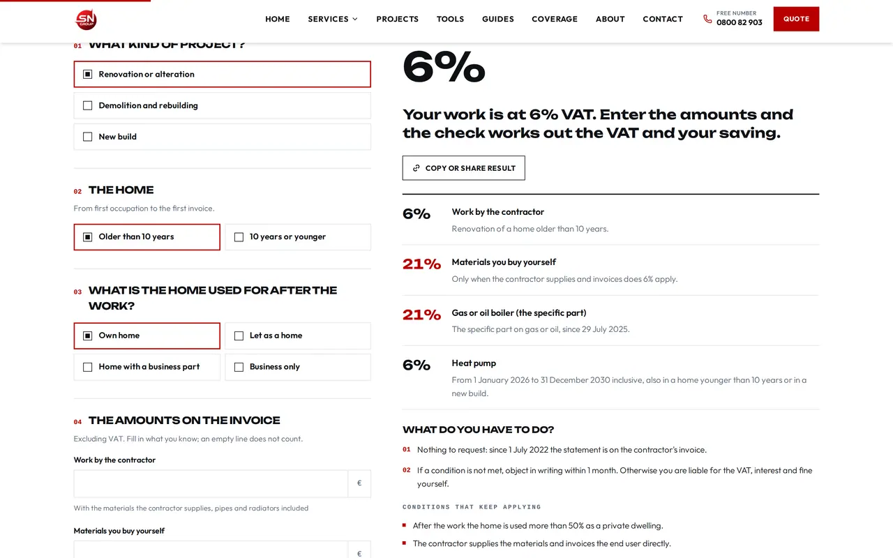 The English VAT check on sngroupbv.be, built by VBS, showing 6 percent for a renovation