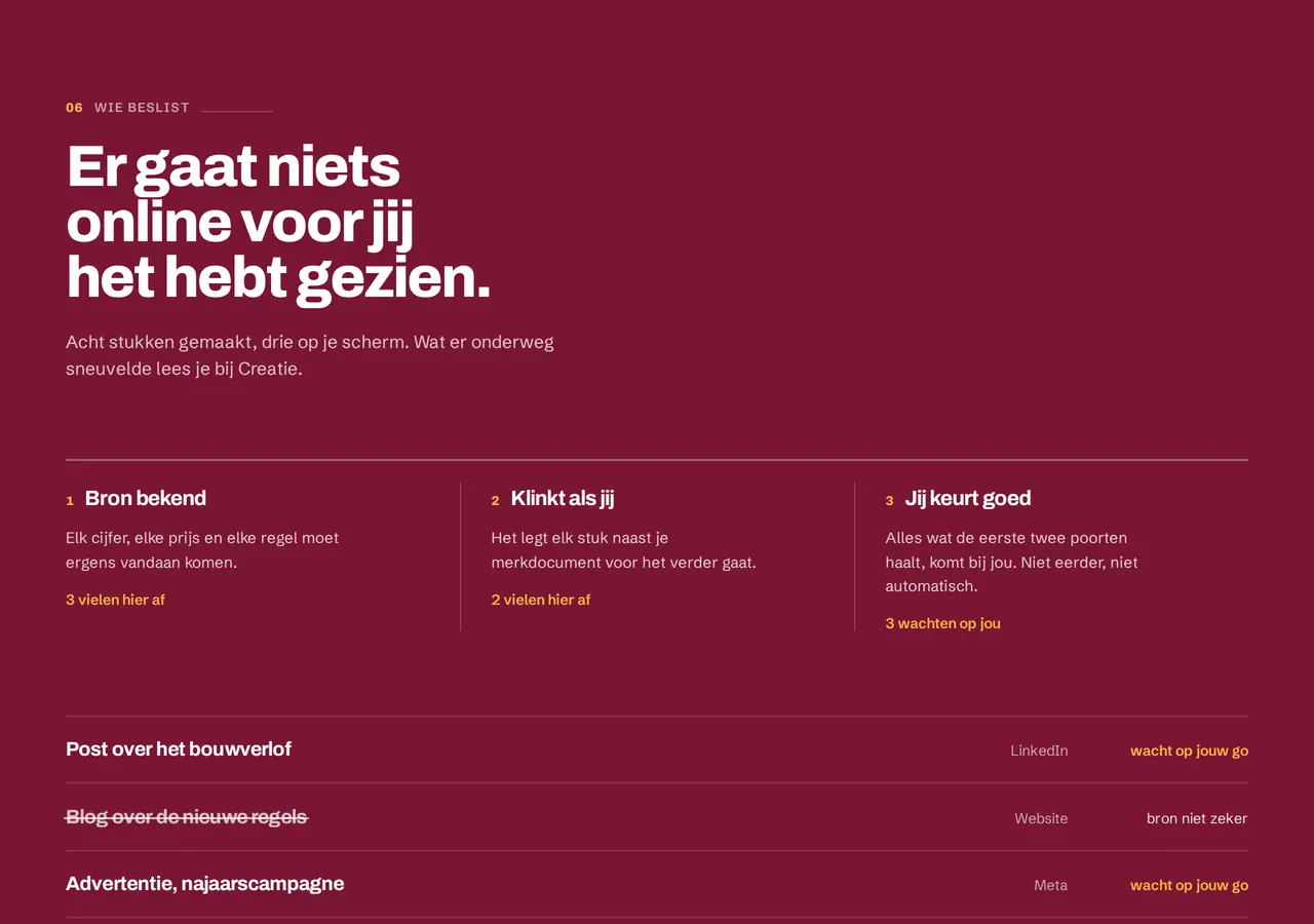 Een sectie van AMOSI: er gaat niets online voor jij het hebt gezien, met bron bekend, klinkt als jij en jij keurt goed. Voorbeeld met demodata.