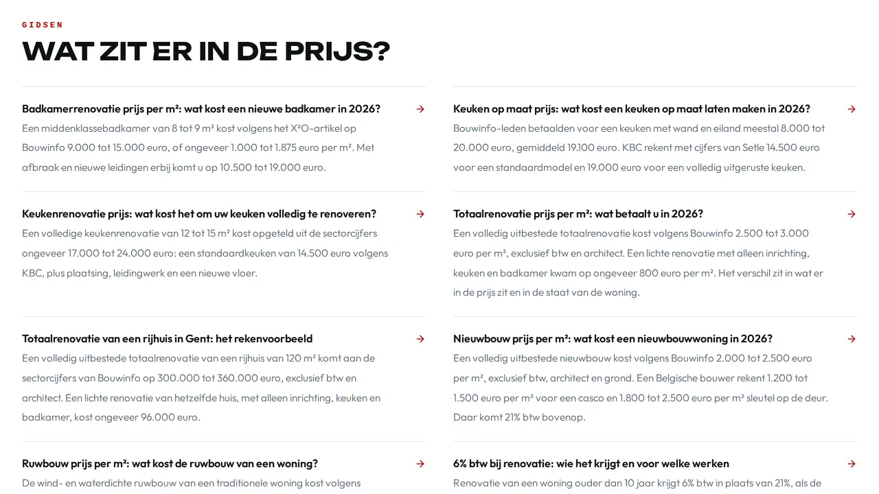 De prijsgidsen bij de kostenberekening op sngroupbv.be, gebouwd door VBS