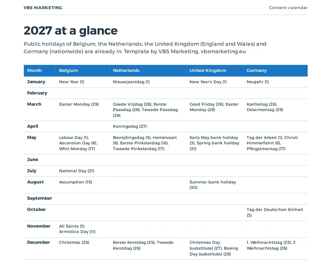 Marketing calendar 2027: the year at a glance from our content calendar template, with the public holidays of Belgium, the Netherlands, the United Kingdom and Germany per month