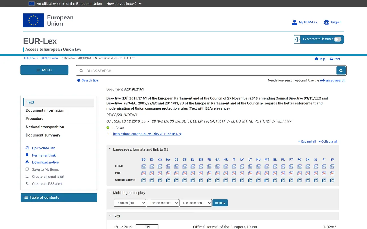 Belgium's sales period 2027 and the EU price rule behind it: the EUR-Lex page of Directive (EU) 2019/2161, which requires every announced discount to show the lowest price of the previous 30 days