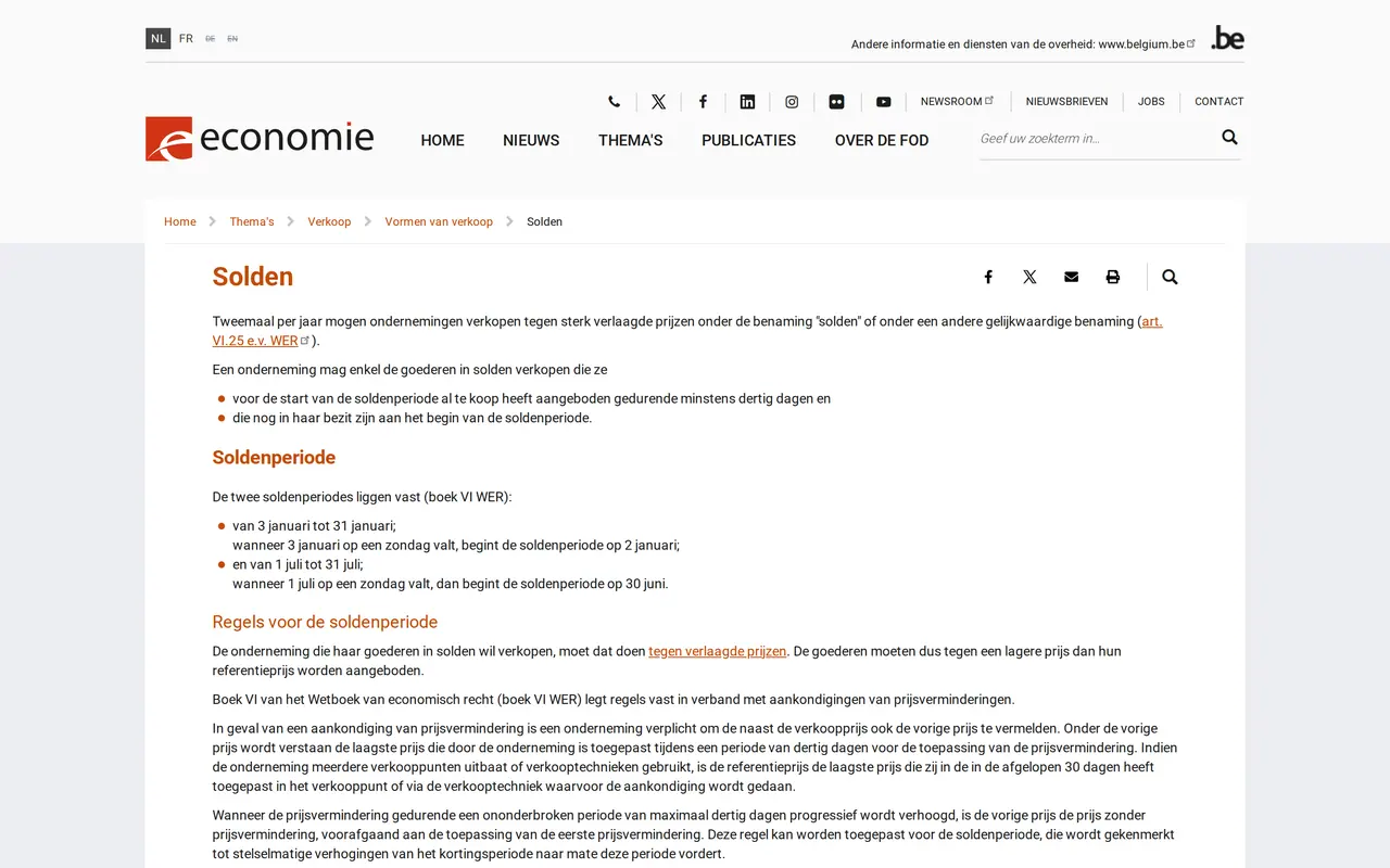 Solden 2027 in België: de pagina Solden van de FOD Economie, met de twee soldenperiodes van 3 tot 31 januari en van 1 tot 31 juli, en de regel als de startdag op een zondag valt