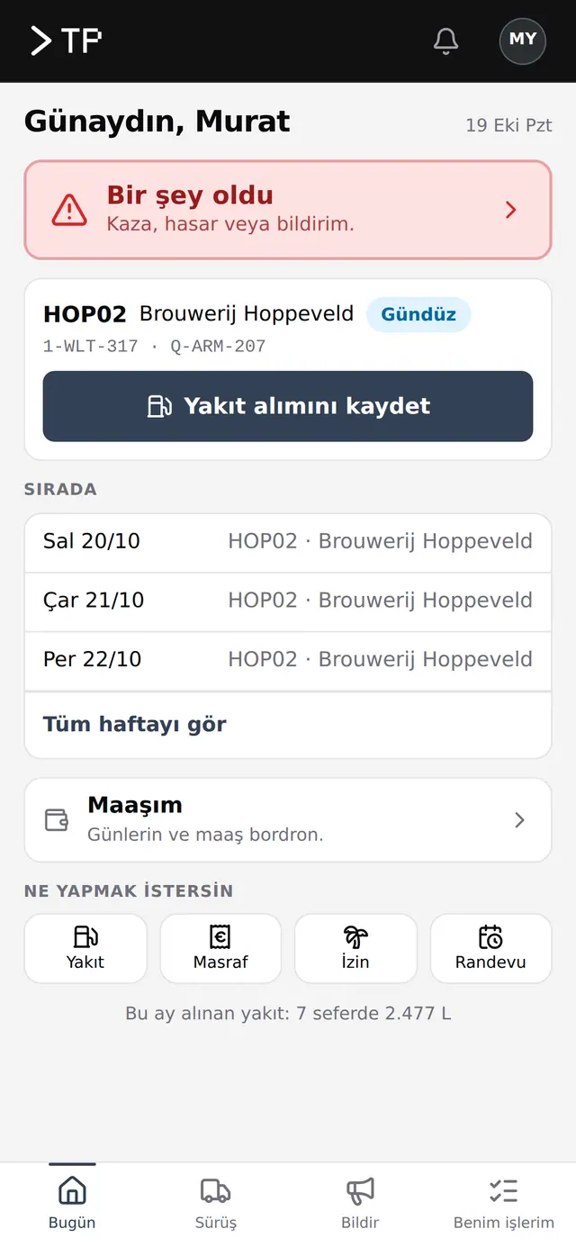 The same driver app in Turkish, example with demo data