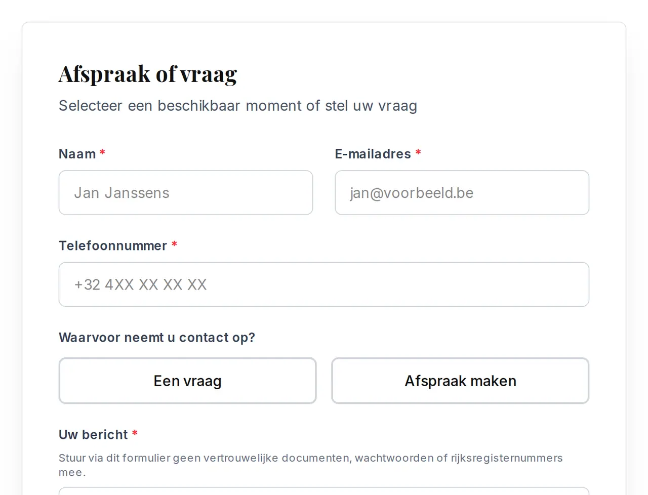Het formulier Afspraak of vraag op de site van FK Boekhouding