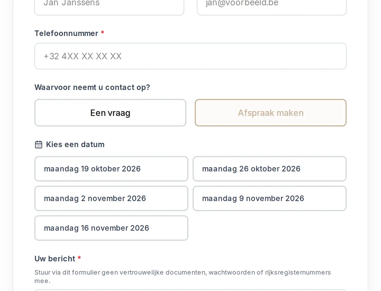 Een afspraak kiezen bij FK Boekhouding: de dagen die vrij zijn
