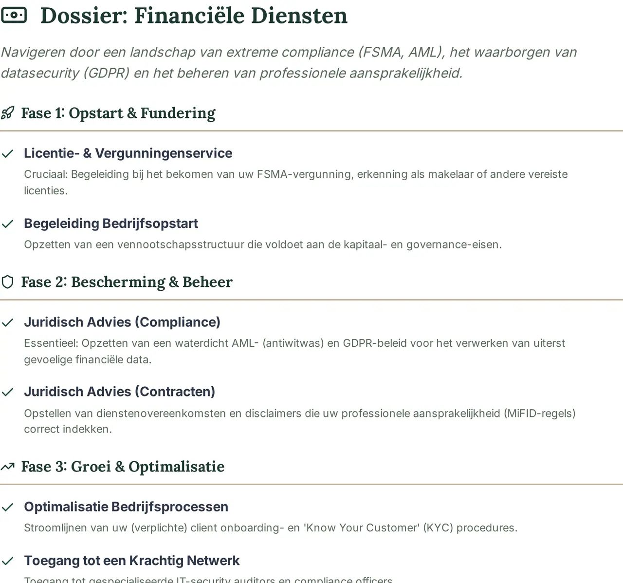 Het sectordossier financiële diensten op kalaw.eu, met de diensten per fase