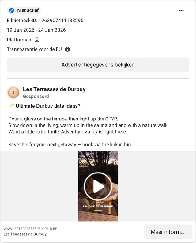 Ad by Les Terrasses de Durbuy in the Meta ad library