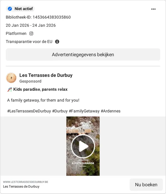 Ad by Les Terrasses de Durbuy in the Meta ad library