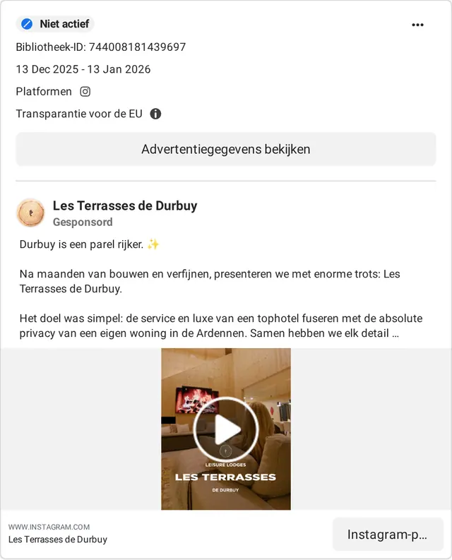 Ad by Les Terrasses de Durbuy in the Meta ad library