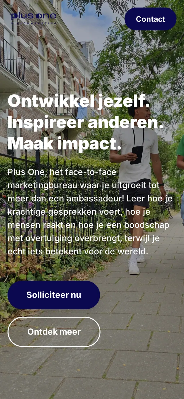 The site of Plus One Fieldmarketing on a phone