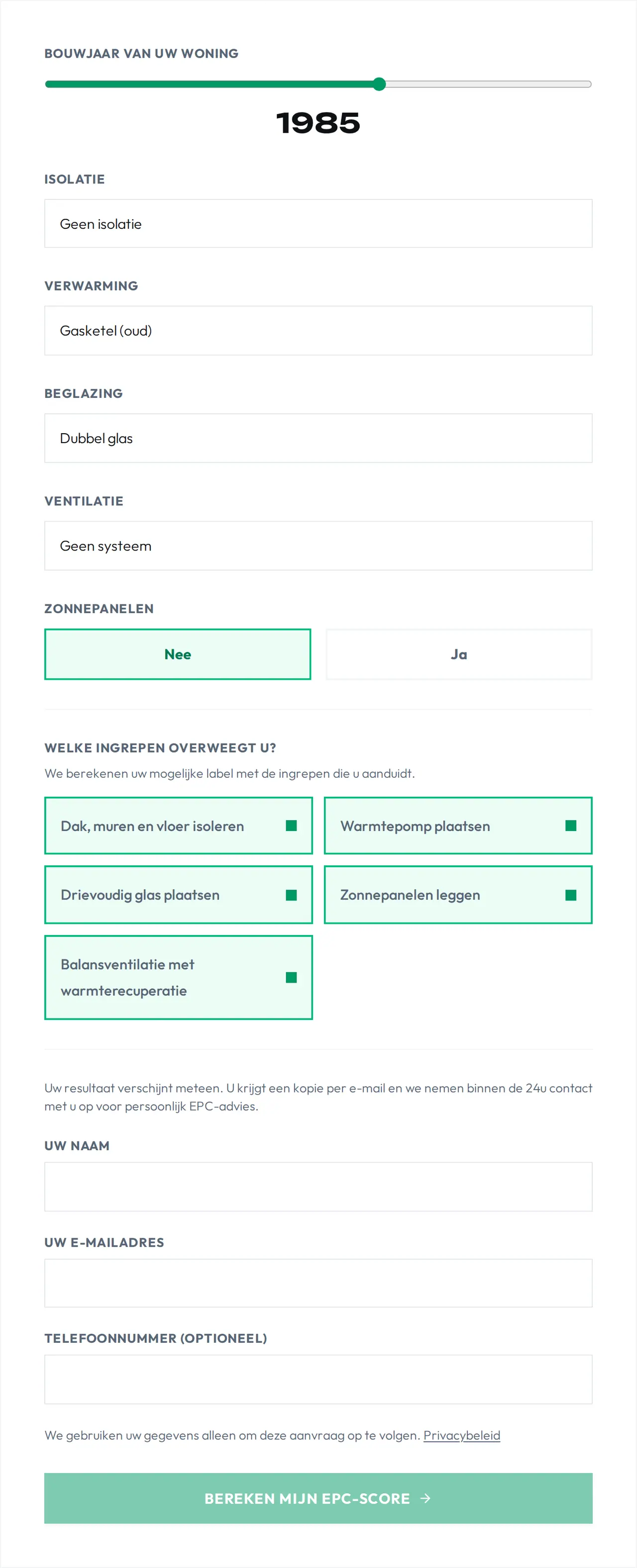 The EPC calculator on the SN Group site with year built, insulation, heating, glazing and ventilation