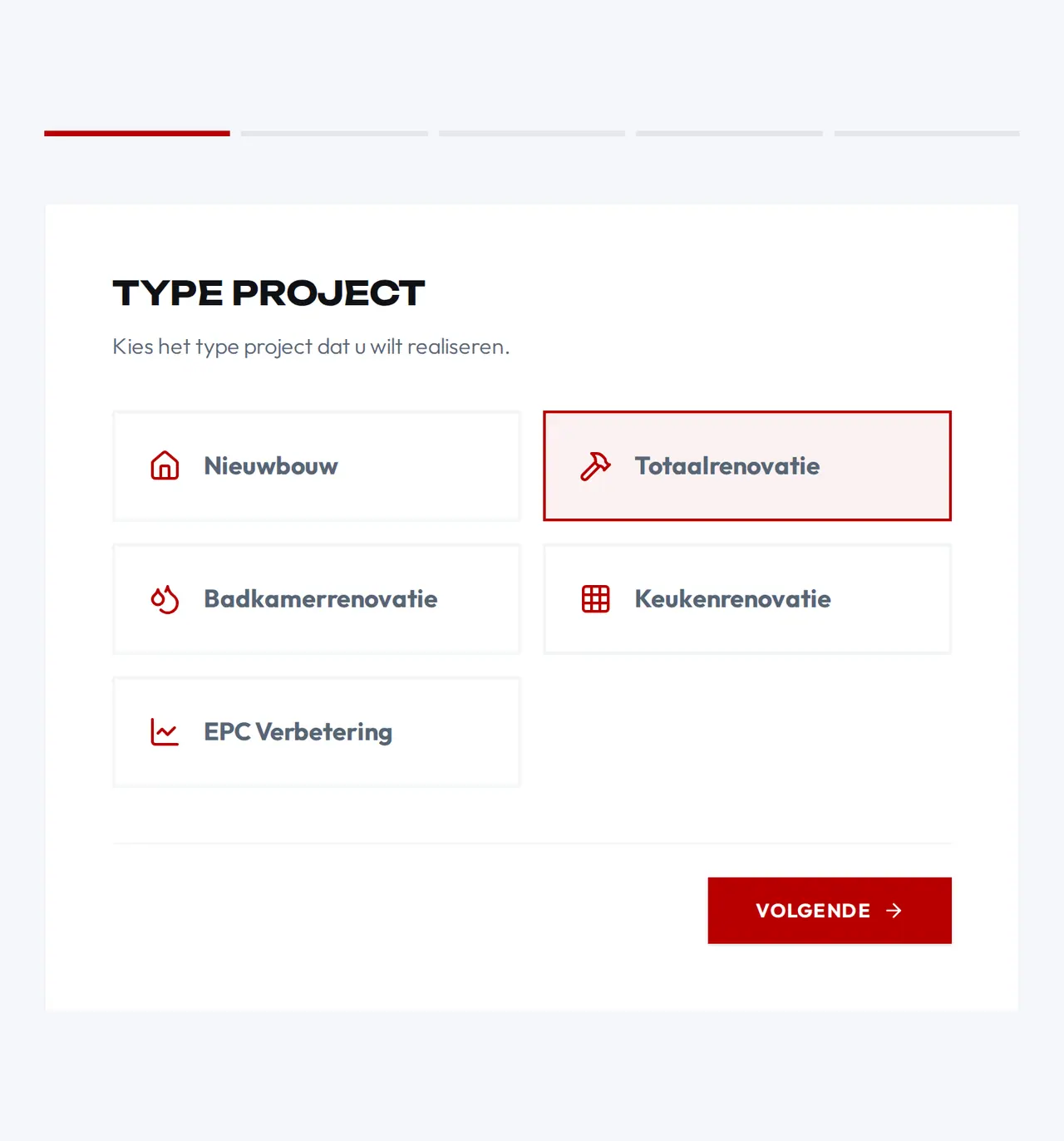 The SN Group cost calculator, step 1: Type of project