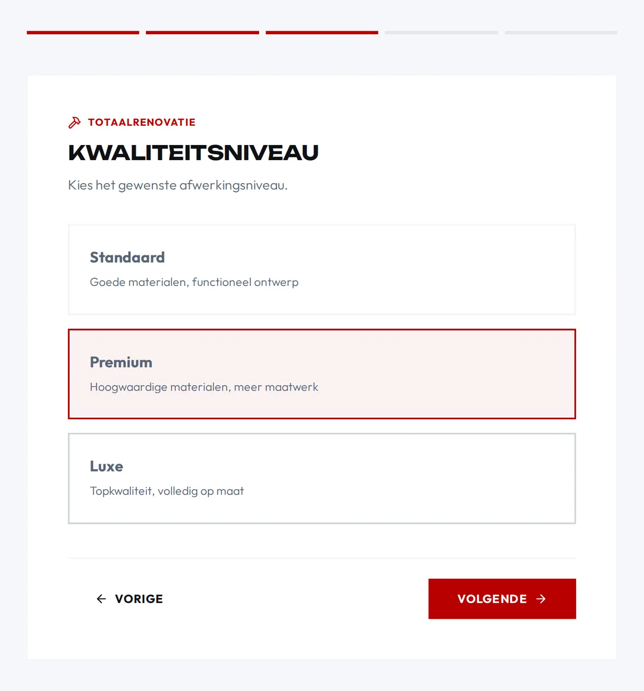 The SN Group cost calculator, step 3: Quality level