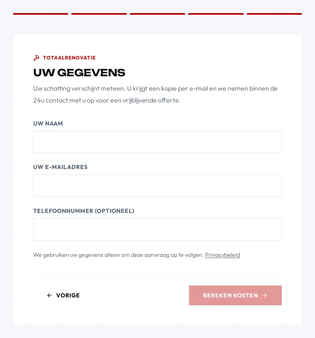 The SN Group cost calculator, step 5: Your details