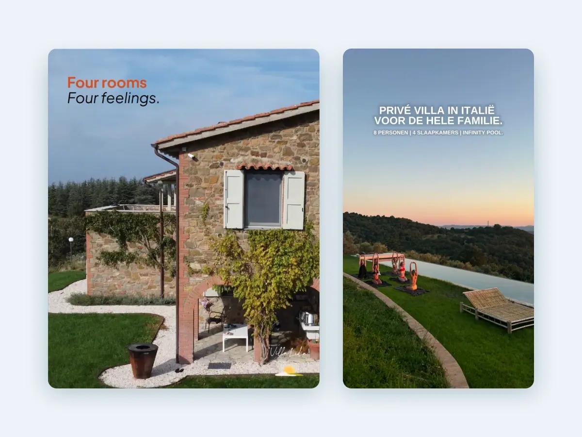 A slide from the carousel Four rooms. Four feelings. next to a Villa Lidia video from May 2026