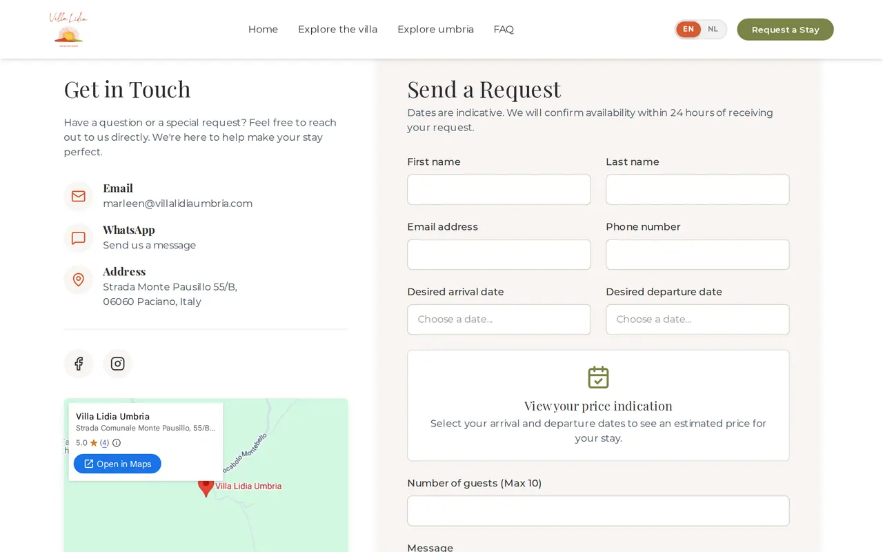 The request form on the Villa Lidia site with dates, guests and a message