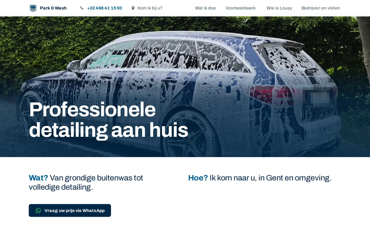 Website laten maken in Roeselare voor een nieuwe zaak: de homepage van parknwash.be, een one-pager die wij bouwden