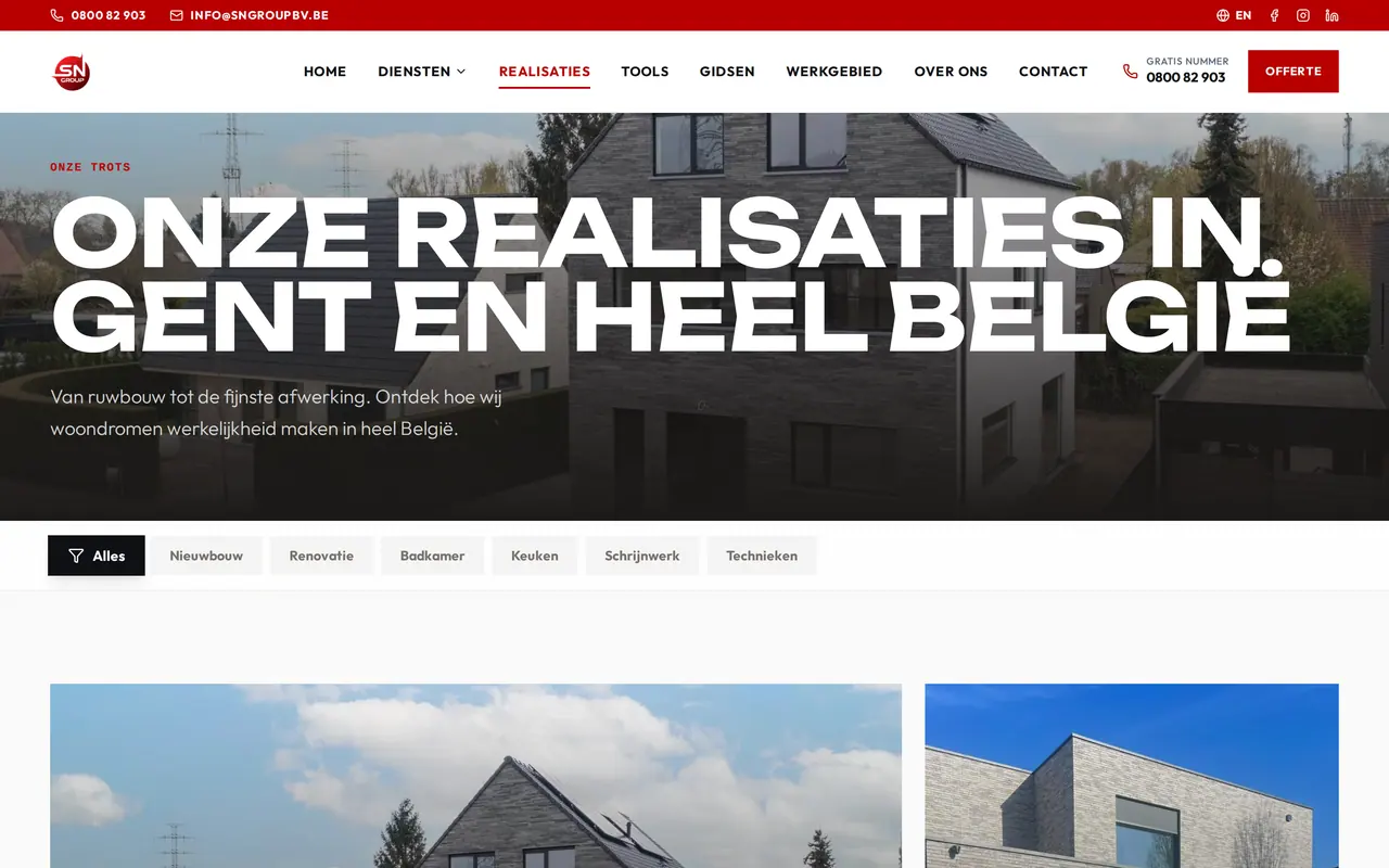 Website laten maken in Ninove voor een bouwbedrijf: de realisatiepagina van sngroupbv.be, een site die wij bouwden