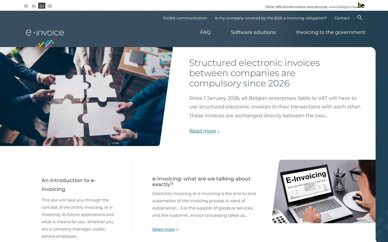 Peppol statistics Belgium: the e-invoice site of the Belgian Federal Public Service Finance, structured electronic invoices compulsory since 2026