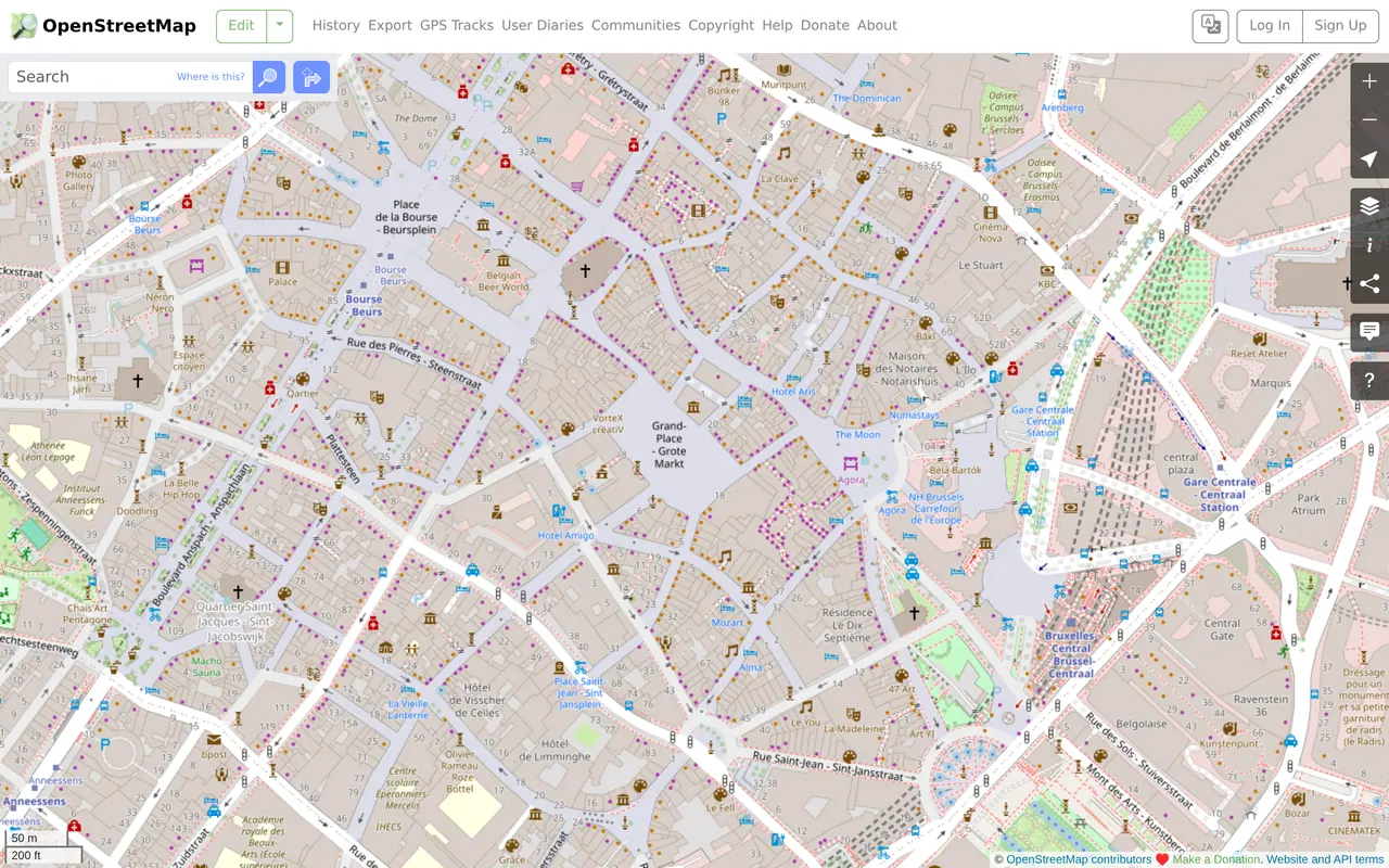 SEO statistieken België: de kaart van OpenStreetMap rond de Grote Markt in Brussel met de lokale zaken waaruit onze steekproef komt