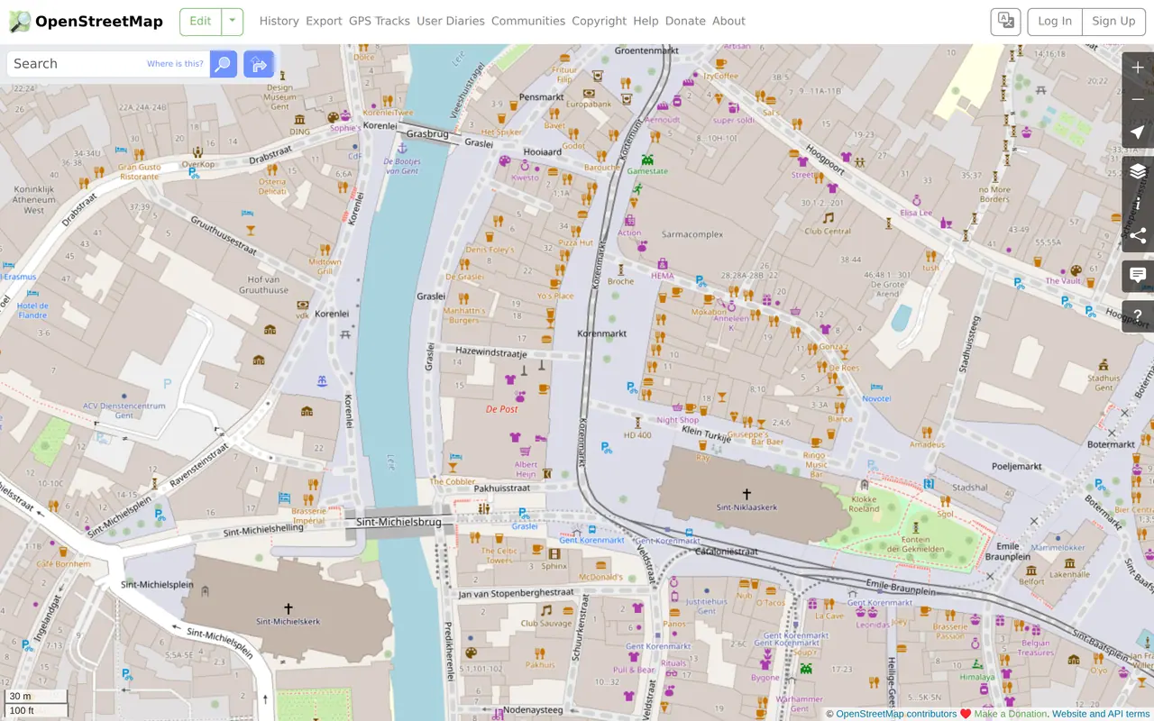 Ghent businesses on the map: OpenStreetMap around the Korenmarkt and the Graslei in Ghent, with the shops and restaurants the Ghent sample comes from