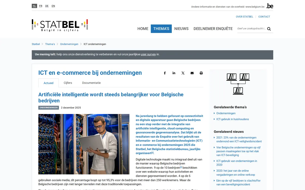 AI gebruik België: de pagina van Statbel over ICT en e-commerce bij ondernemingen met het cijfer van 34,5 procent