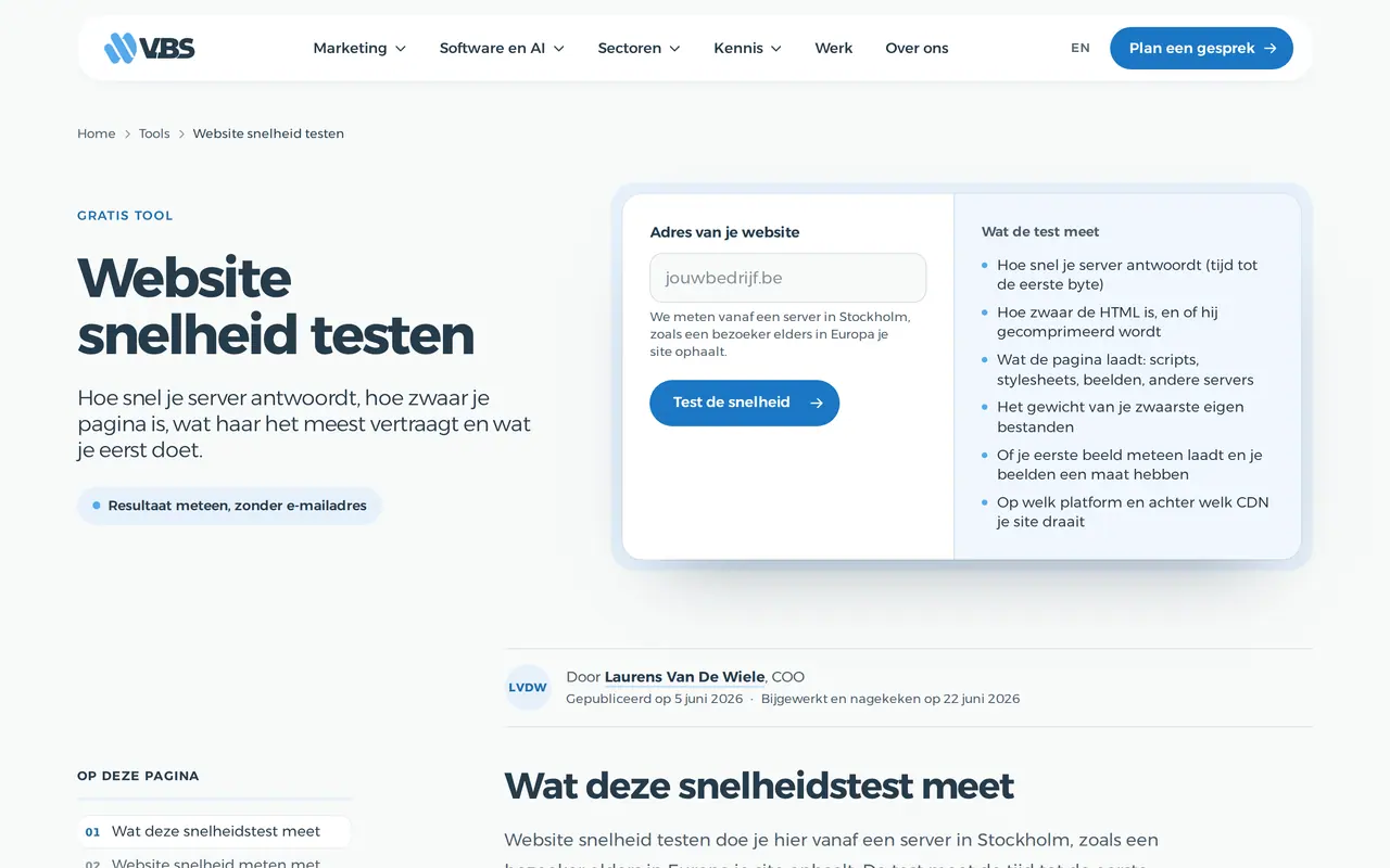 Laadtijd website gemiddelde: de snelheidstest van VBS met de checks die we ook voor dit onderzoek gebruikten