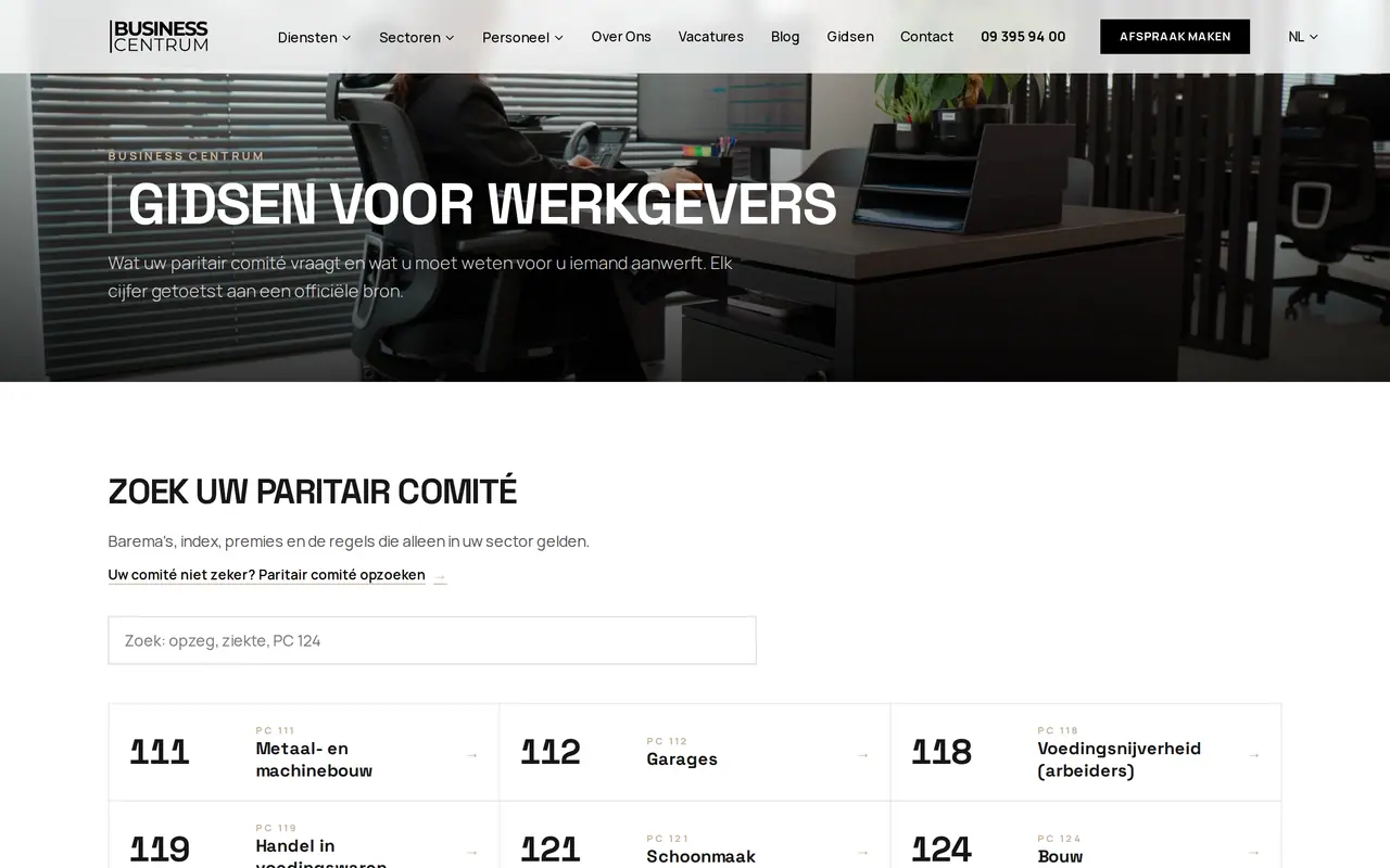 SEO-bureau voor Antwerpen: de gidsenpagina die VBS bouwde voor Business Centrum, met een pagina per paritair comité