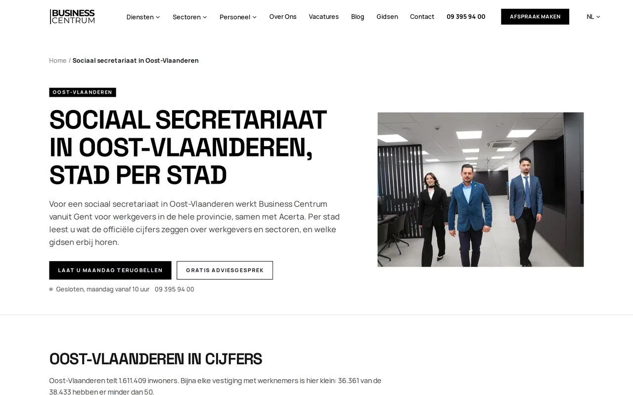 Een regiopagina die VBS schreef voor Business Centrum: sociaal secretariaat in Oost-Vlaanderen, stad per stad
