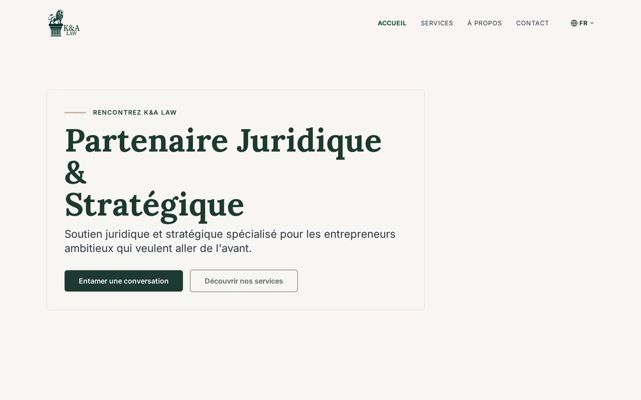 De Franse homepage van kalaw.eu, een site in vier talen die VBS bouwde voor K&A Law