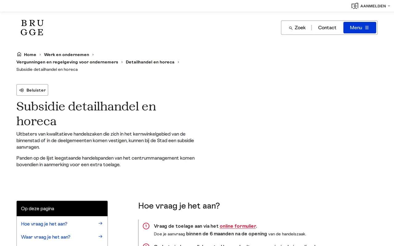 Starterspremie aanvragen: de pagina Subsidie detailhandel en horeca op de site van de stad Brugge