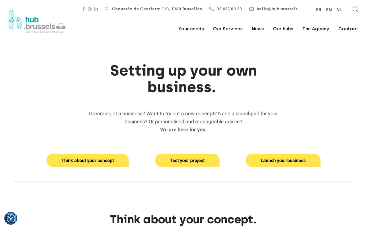 Website grant in Brussels: the Setting up your own business page of hub.brussels, the Brussels agency that gives free guidance to entrepreneurs