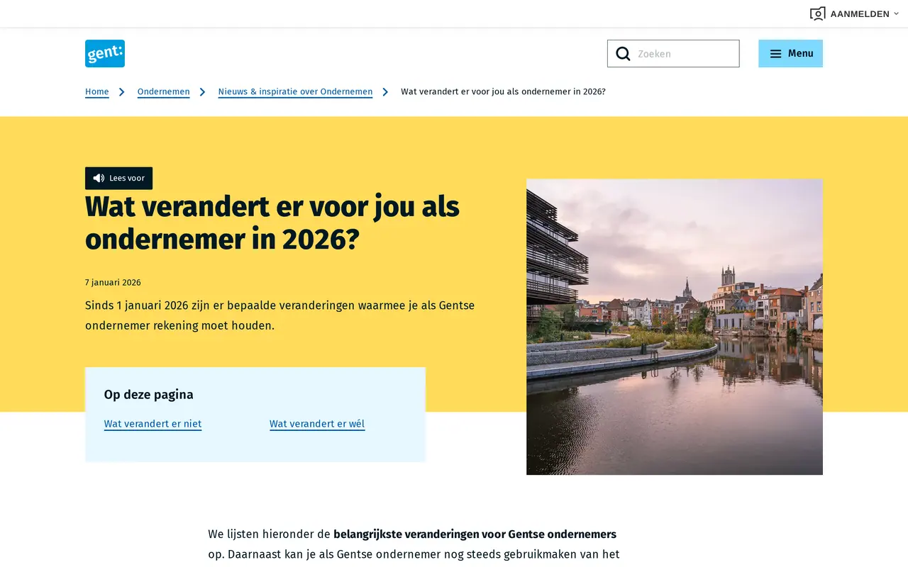 Starterspremie Gent: de pagina Wat verandert er voor jou als ondernemer in 2026 op de site van de Stad Gent