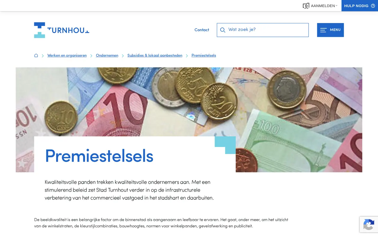 Premie handelspand: de pagina Premiestelsels op de site van de stad Turnhout, met premies voor gevels en renovatie
