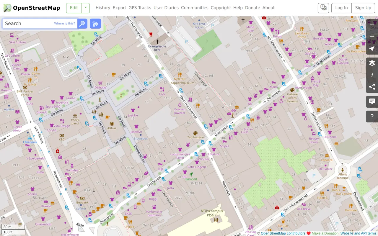 Shop front grants in Flanders: the core shopping streets of Roeselare on OpenStreetMap, the city that pays up to 20,000 euros