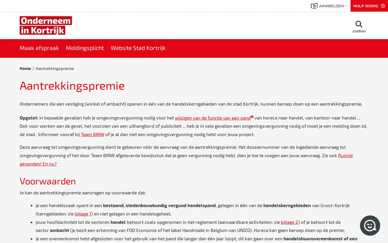 Starterspremie Kortrijk: de pagina Aantrekkingspremie op de site Onderneem in Kortrijk