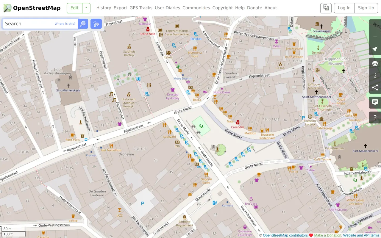 Starter grant in Kortrijk: the retail core of Kortrijk city centre on OpenStreetMap, where zone A pays 10,000 euros