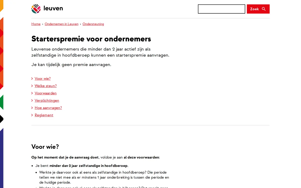 Starterspremie Leuven: de pagina Starterspremie voor ondernemers op leuven.be, met de melding dat je tijdelijk geen premie kan aanvragen