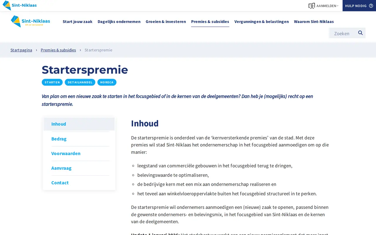 Starterspremie Sint-Niklaas: de pagina Starterspremie op ondernemeninsintniklaas.be