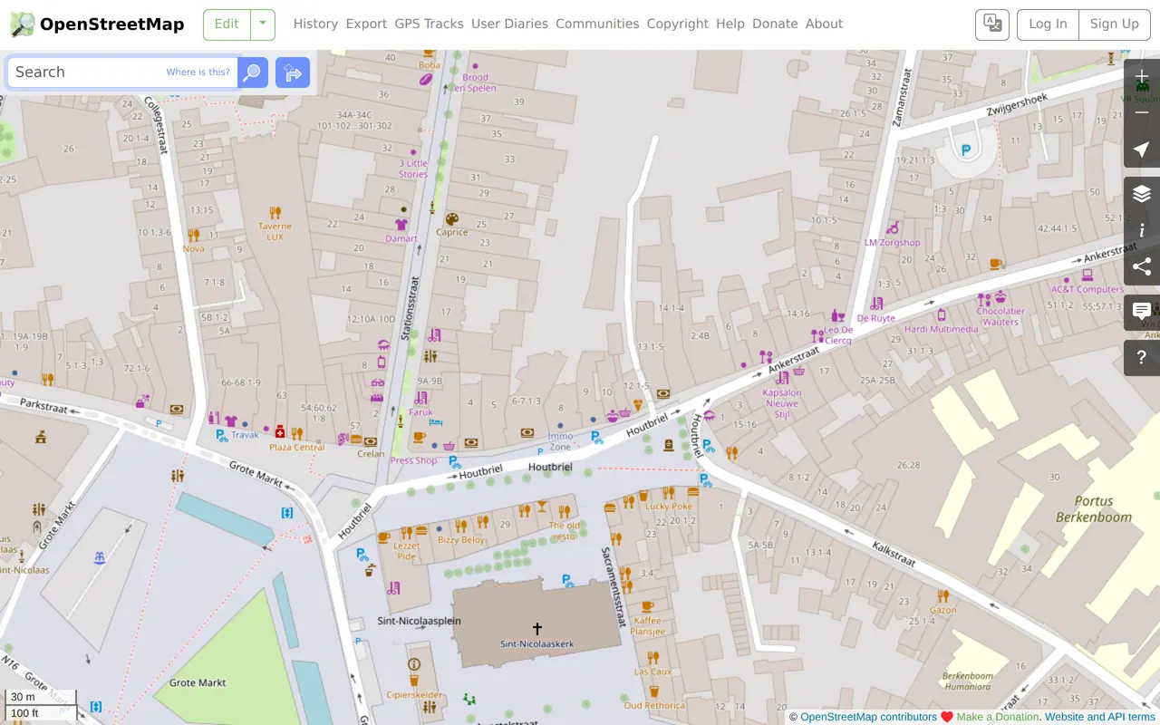 Starter grant in Sint-Niklaas: the Grote Markt and shopping streets of Sint-Niklaas on OpenStreetMap, the focus area where the grant reaches 10,000 euros