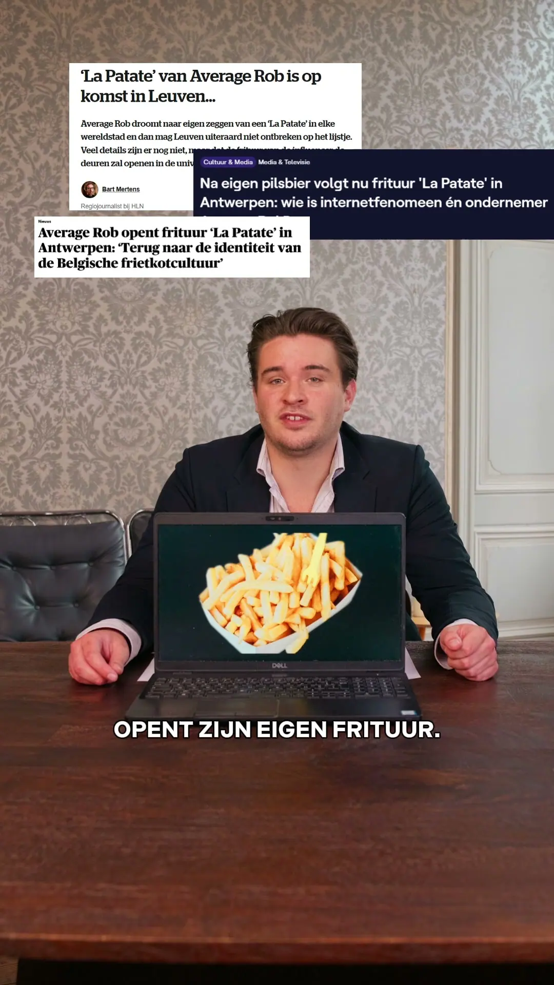 Marketingbureau Leuven: een reel van VBS over de frituur van Average Rob, met de krantenkop over de komst naar Leuven