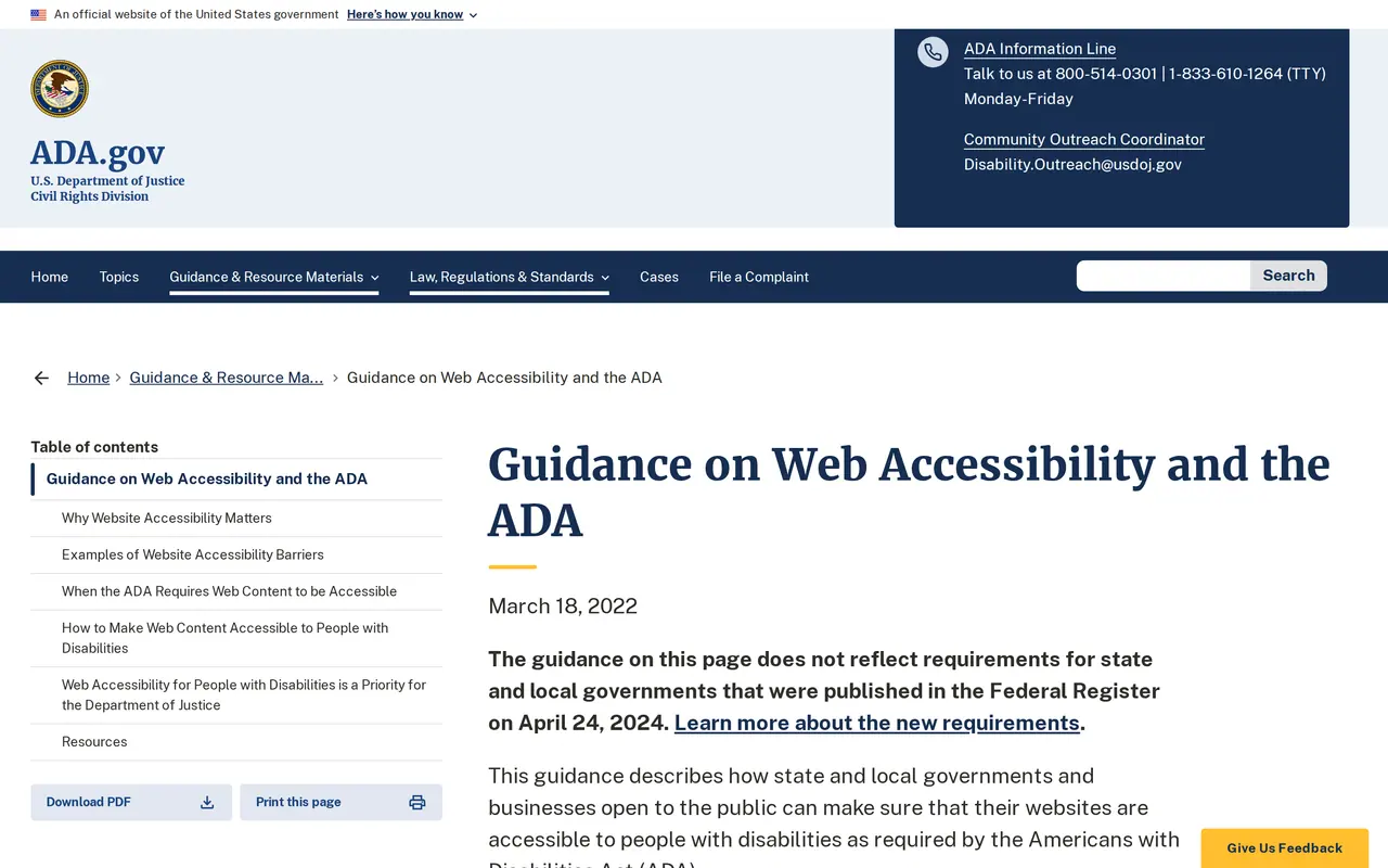 ADA website compliance: the Justice Department's guidance on web accessibility and the ADA on ADA.gov