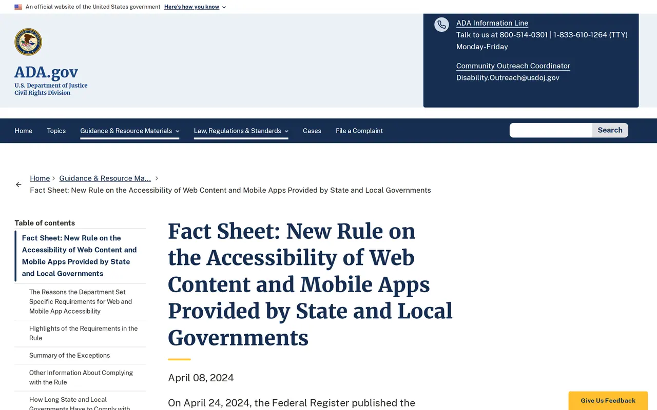 ADA website lawsuits: the Justice Department fact sheet on the 2024 rule for accessible web content and mobile apps on ADA.gov