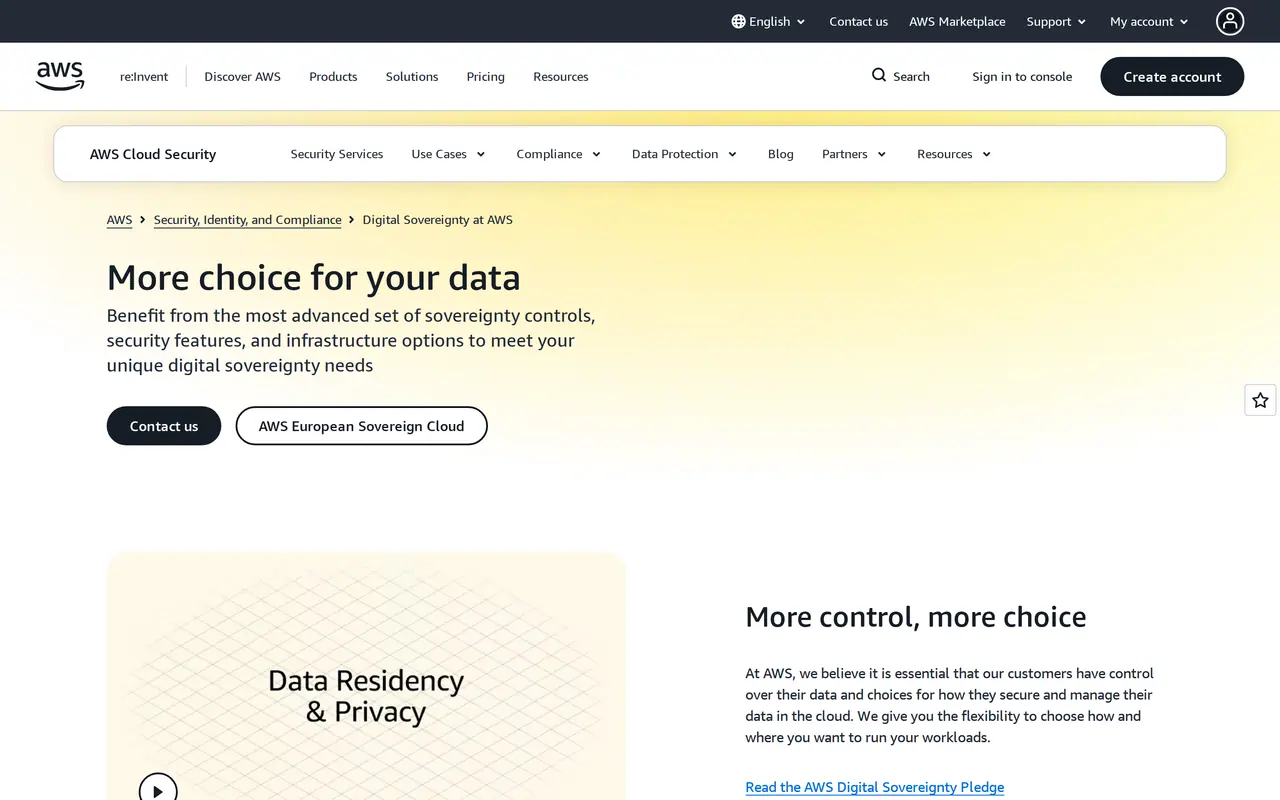 EU data residency requirements: the AWS page on digital sovereignty, with data residency and privacy as one of its themes