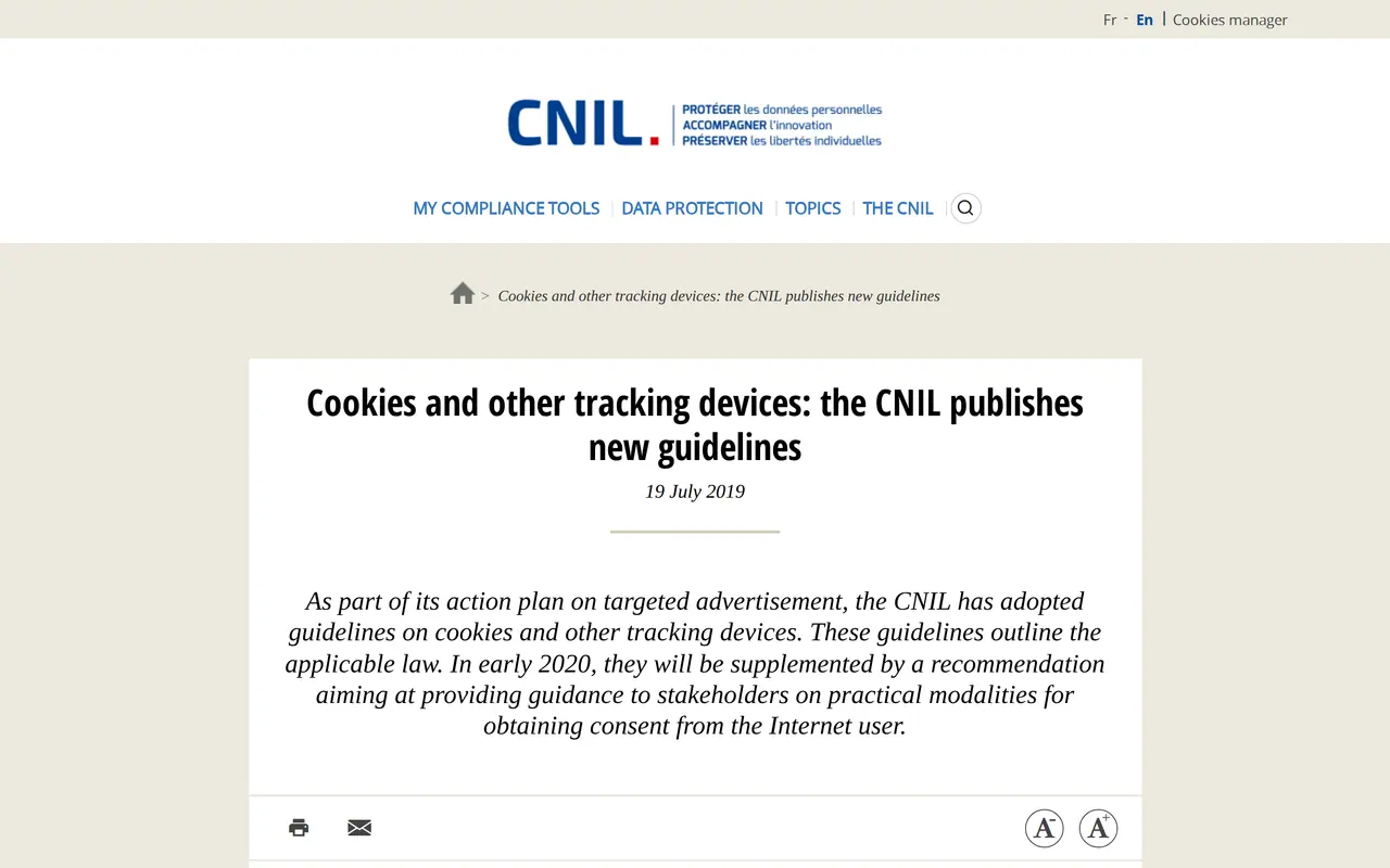 CNIL cookie guidance: the CNIL's English page announcing its guidelines on cookies and other tracking devices
