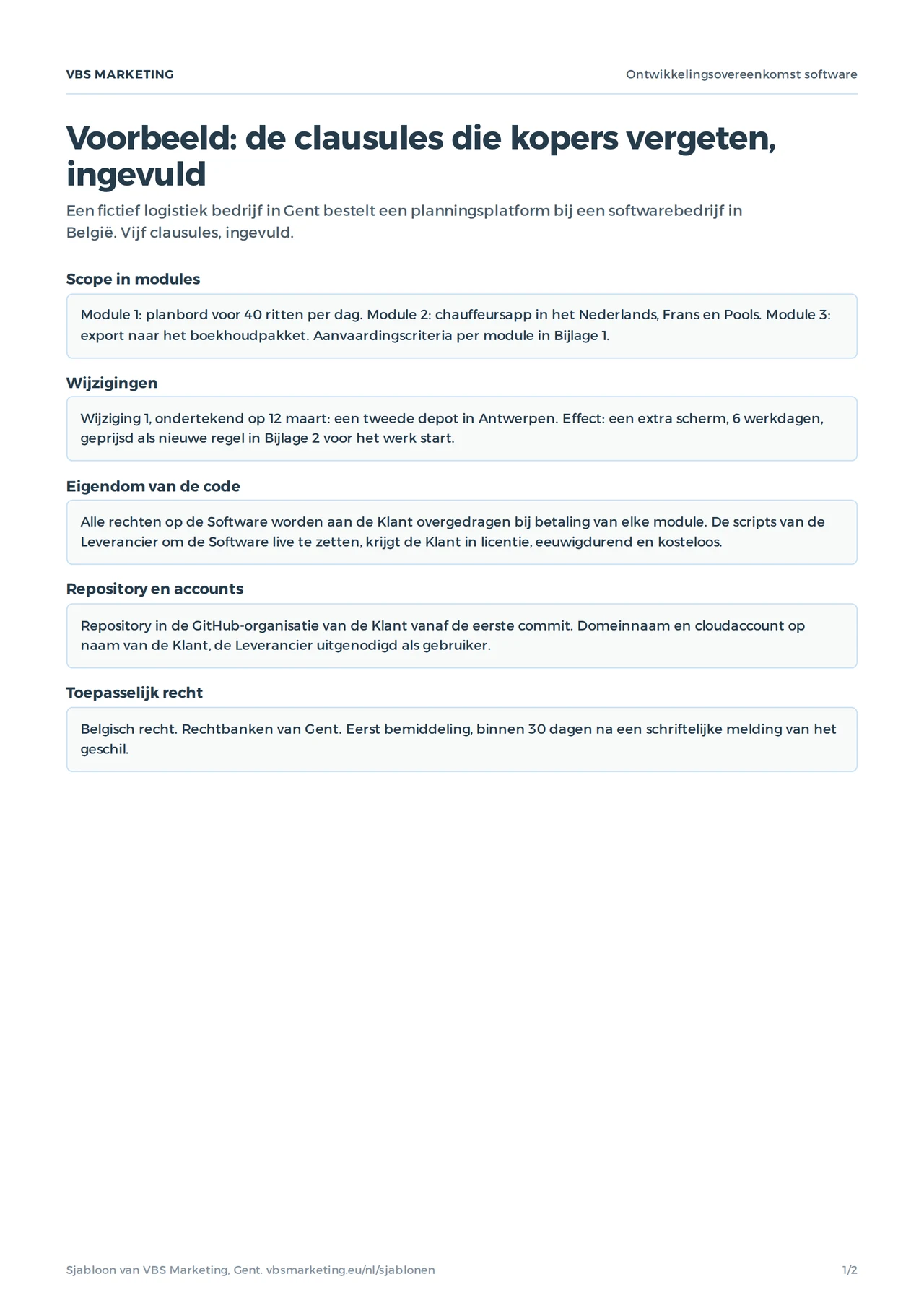 Sjabloon ontwikkelingsovereenkomst software ingevuld: scope, wijzigingen, eigendom van de code, repository en toepasselijk recht voor een fictief planningsplatform