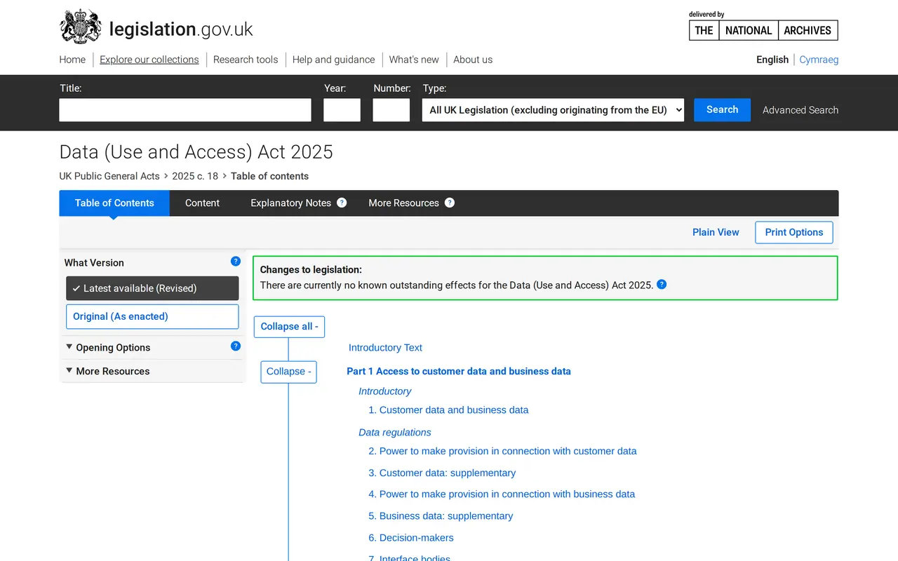 UK GDPR vs EU GDPR: the table of contents of the Data (Use and Access) Act 2025 on legislation.gov.uk